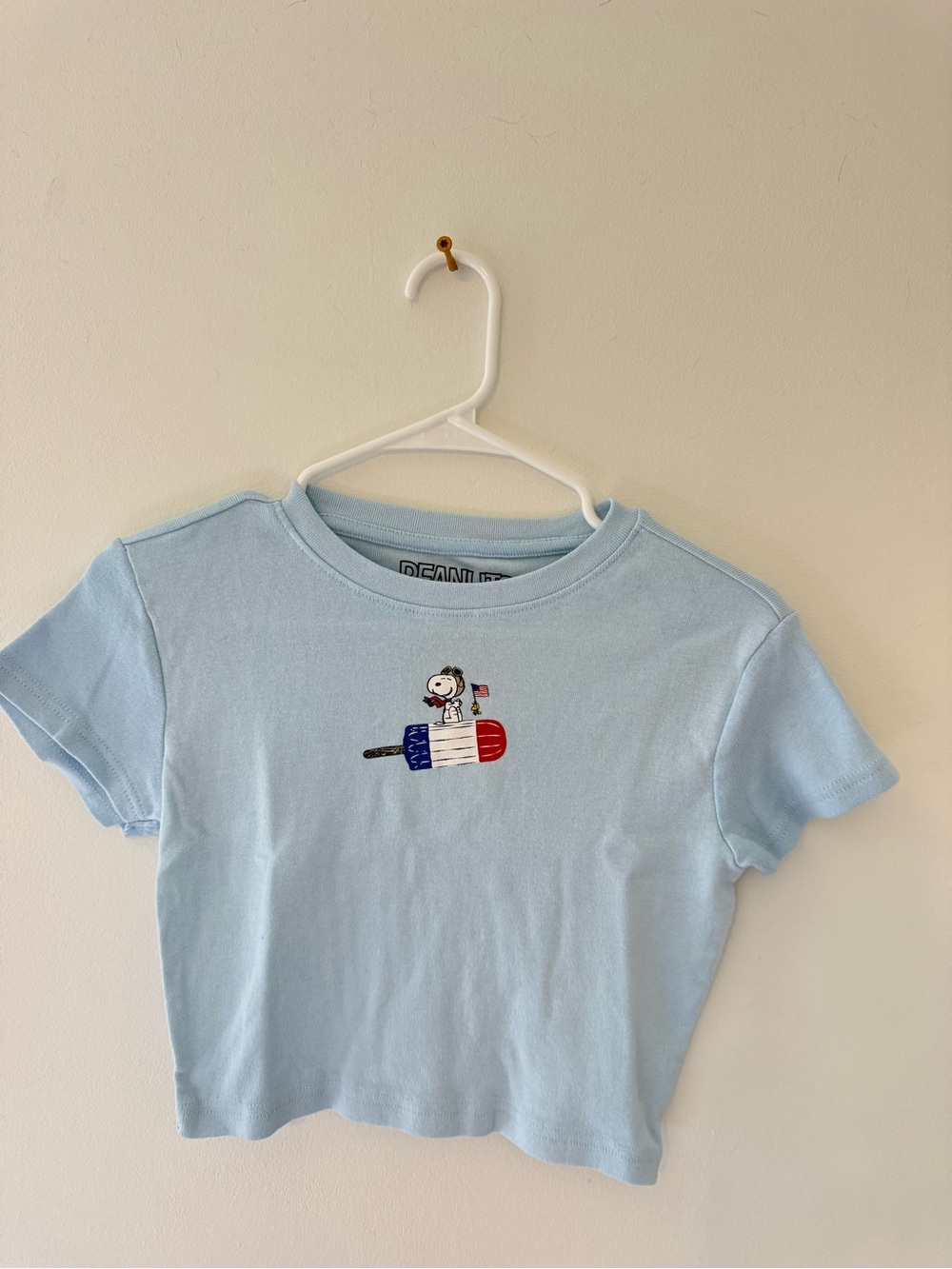 Peanuts Snoopy Light Blue Cropped Tee - Patriotic Popsicle Graphic